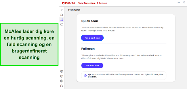 Sk&aelig;rmbillede af McAfees virusscanningsmuligheder
