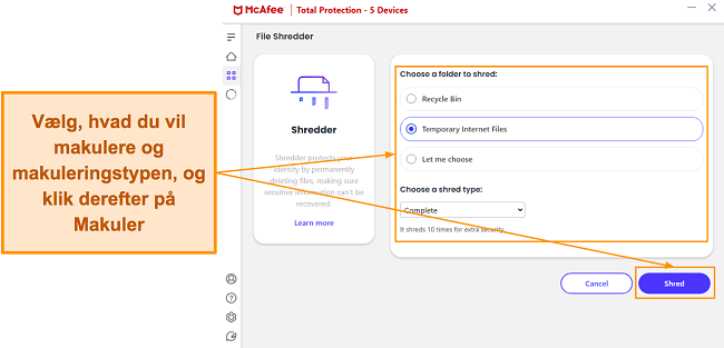 V&aelig;lge, hvad der skal makuleres ved hj&aelig;lp af McAfee's File Shredder