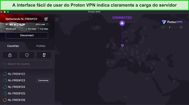 Captura de tela da interface do usu&aacute;rio do Proton VPN