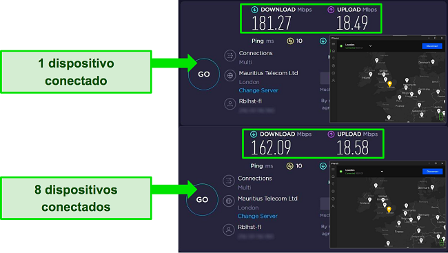 Capturas de tela de testes de velocidade mostrando a diferen&ccedil;a de velocidade com 1 dispositivo conectado a um servidor IPVanish do Reino Unido e 8 dispositivos conectados