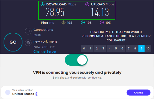 نتائج اختبار سرعة McAfee VPN
