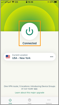 لقطة شاشة لزر "انقر للاتصال" في تطبيق ExpressVPN لنظام التشغيل iOS
