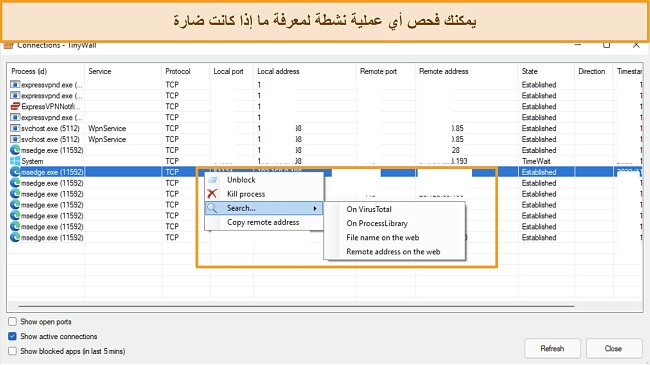 لقطة شاشة لعلامة تبويب اتصالات Tinywall