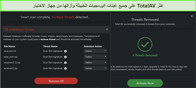 لقطة شاشة لنتائج إزالة TotalAV للبرامج الضارة
