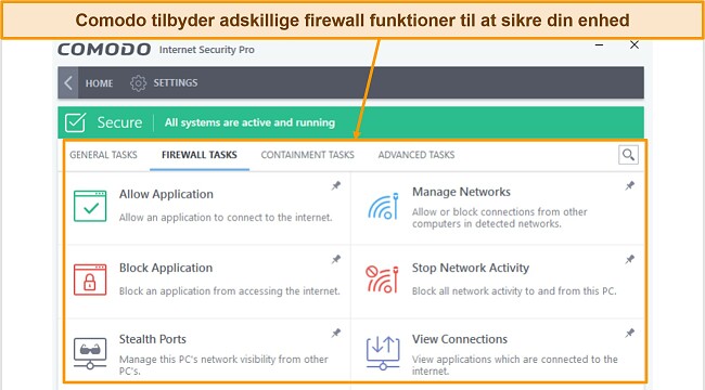 Sk&aelig;rmbillede af fanen Comodo firewall-opgaver