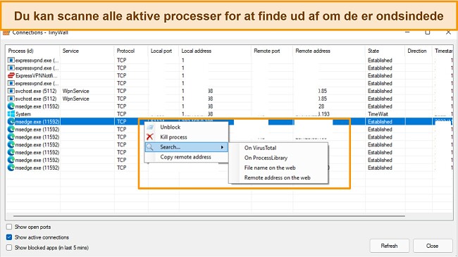 Sk&aelig;rmbillede af fanen Tinywall-forbindelser