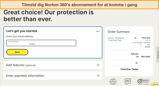 Sk&aelig;rmbillede af Nortons abonnementsside