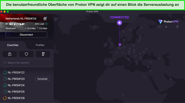Screenshot der Benutzeroberfl&auml;che von Proton VPN