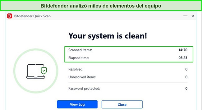 Captura de pantalla de los resultados del an&aacute;lisis r&aacute;pido de Bitdefender