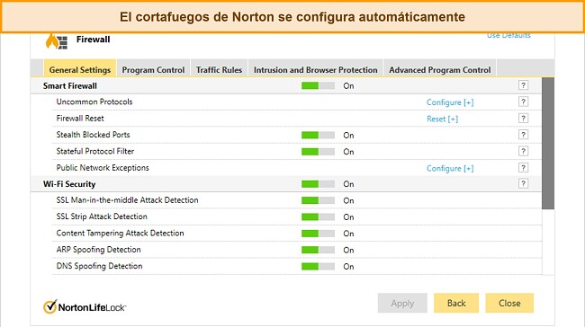 Captura de pantalla de la pesta&ntilde;a de configuraci&oacute;n del Firewall de Norton