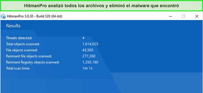 Captura de pantalla de los resultados del an&aacute;lisis de HitmanPro