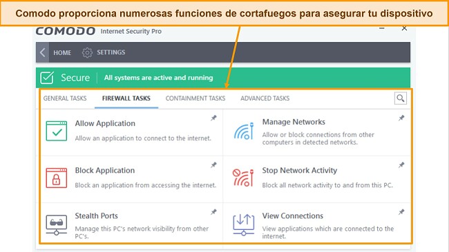 Captura de pantalla de la pesta&ntilde;a de tareas del cortafuegos de Comodo