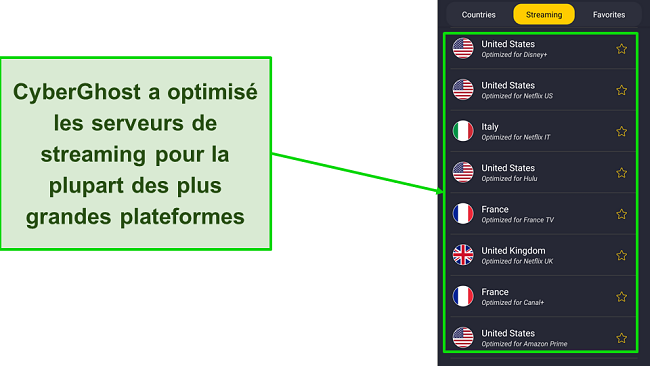 Une capture d'&eacute;cran des serveurs de streaming optimis&eacute; de CyberGhost sur l'application Android