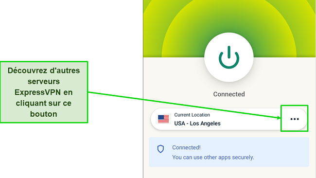 Capture d'&eacute;cran d'ExpressVPN connect&eacute; &agrave; un serveur