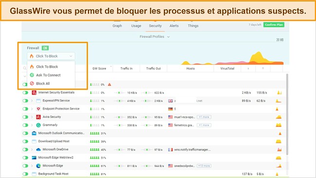 Capture d'&eacute;cran de l'onglet S&eacute;curit&eacute; de GlassWire