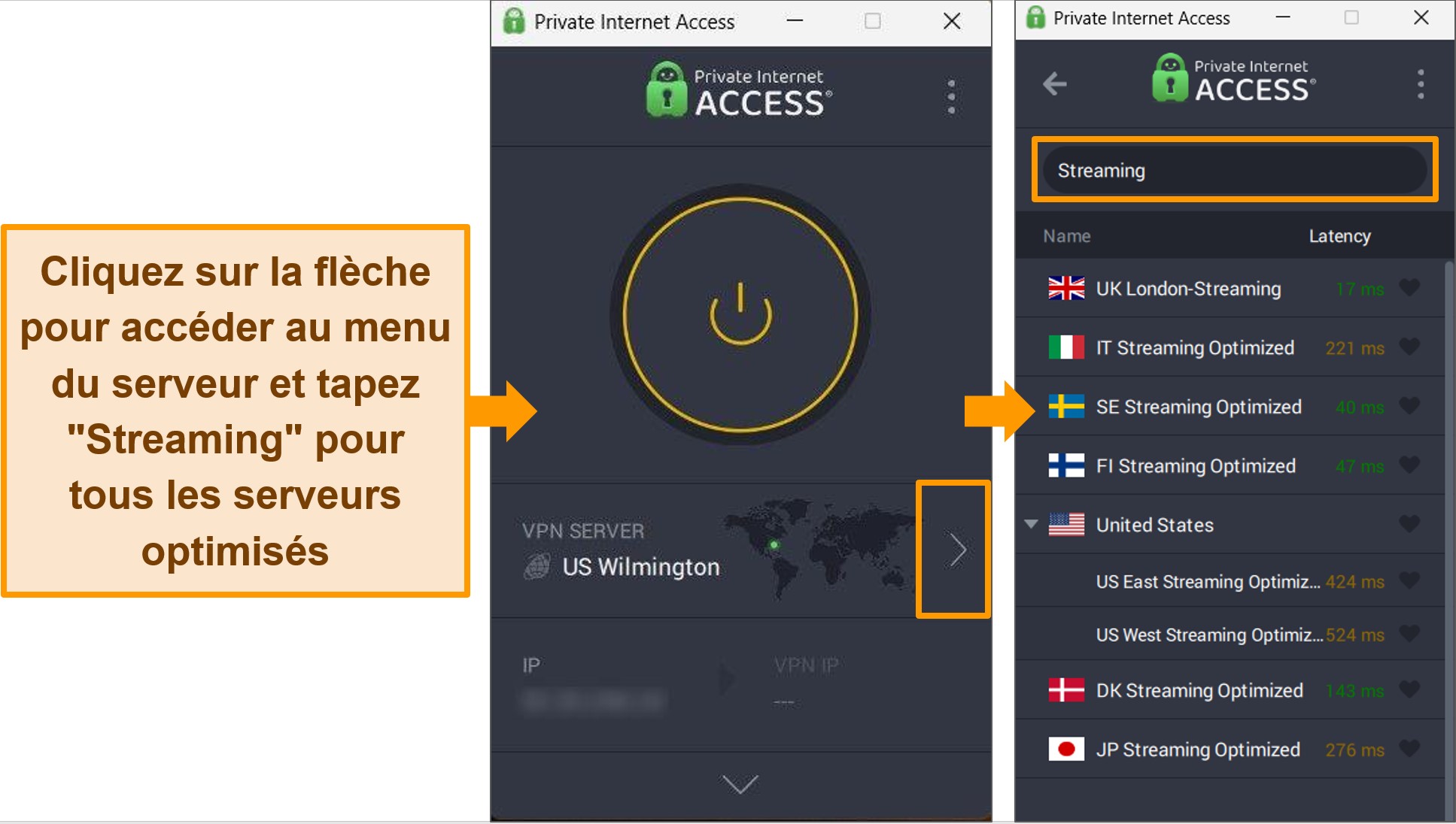 Capture d'&eacute;cran de l'application Windows de PIA, mettant en &eacute;vidence les serveurs de streaming optimis&eacute;s.