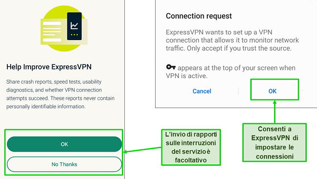 Schermata del rapporto sugli arresti anomali e delle autorizzazioni di connessione richieste dopo aver effettuato l'accesso a ExpressVPN per la prima volta