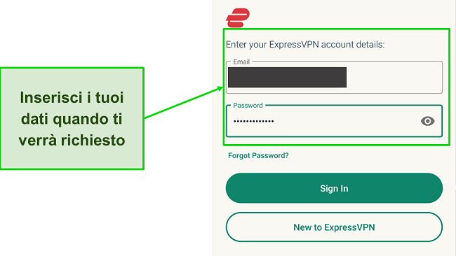 Uno screenshot della pagina di accesso di ExpressVPN