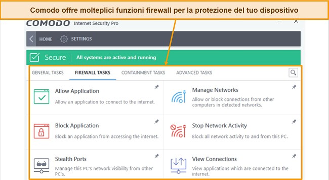 Schermata della scheda delle attivit&agrave; del firewall Comodo