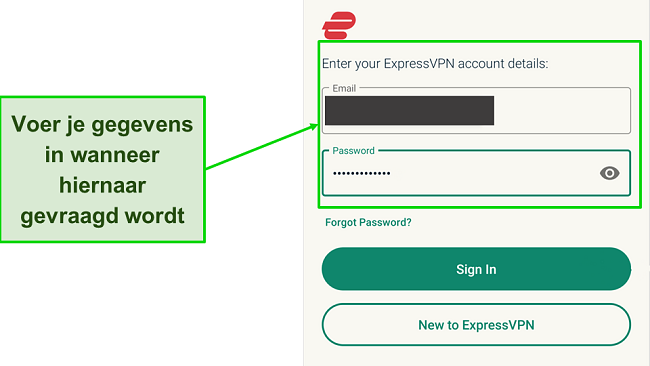 Een screenshot van de inlogpagina van ExpressVPN