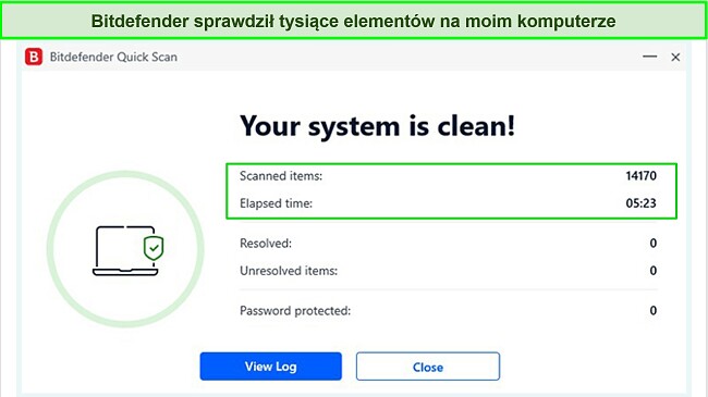 Zrzut ekranu wynik&oacute;w szybkiego skanowania Bitdefender