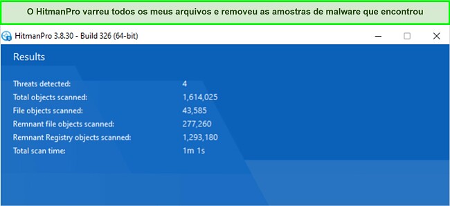 Captura de tela dos resultados da verifica&ccedil;&atilde;o do HitmanPro