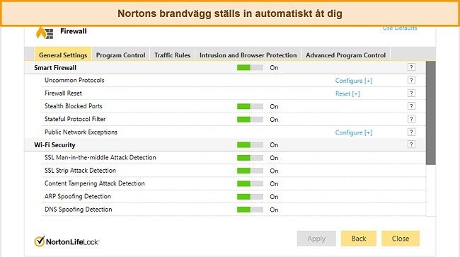 Sk&auml;rmdump av Nortons flik f&ouml;r brandv&auml;ggsinst&auml;llningar
