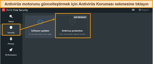 Avira k&ouml;t&uuml; ama&ccedil;lı yazılımdan koruma motorunun nasıl g&uuml;ncelleneceğini g&ouml;steren ekran g&ouml;r&uuml;nt&uuml;s&uuml;