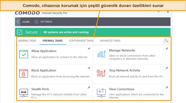 Comodo g&uuml;venlik duvarı g&ouml;revleri sekmesinin ekran g&ouml;r&uuml;nt&uuml;s&uuml;