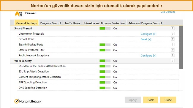 Norton G&uuml;venlik Duvarı ayarları sekmesinin ekran g&ouml;r&uuml;nt&uuml;s&uuml;