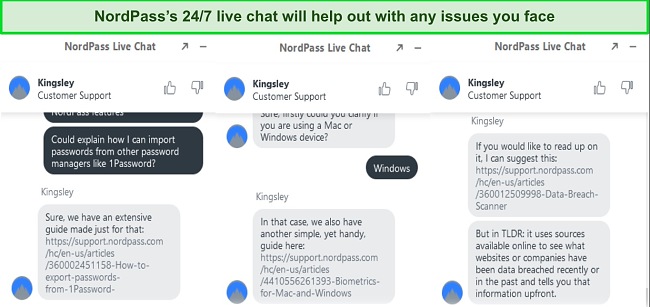 NordPass&rsquo; 24/7 live chat provides help whenever needed