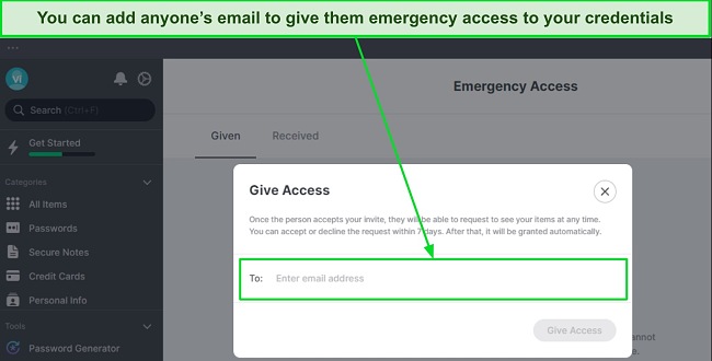 You can enter people&rsquo;s emails to give them emergency access