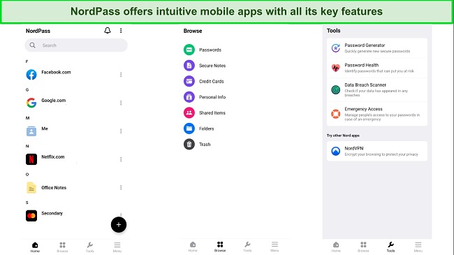 NordPass&rsquo; mobile apps have beginner-friendly designs and include all the features