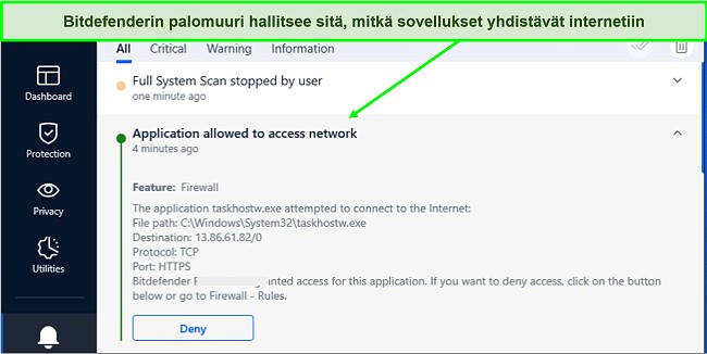 Kuvakaappaus Bitdefenderin palomuurista