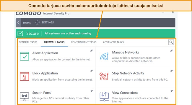Kuvakaappaus Comodon palomuuriteht&auml;v&auml;t-v&auml;lilehdest&auml;