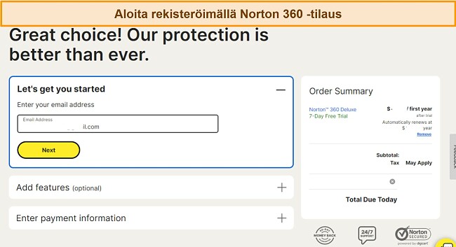 Kuvakaappaus Nortonin tilaussivusta