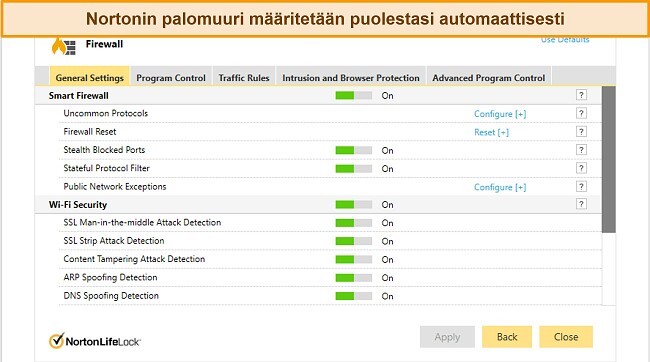 Kuvakaappaus Nortonin palomuuriasetusten v&auml;lilehdest&auml;