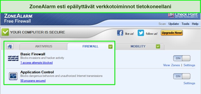 Kuvakaappaus ZoneAlarmin palomuuriliittym&auml;st&auml;