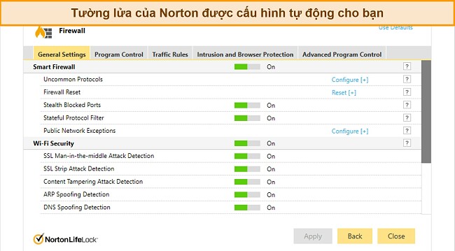Ảnh chụp m&agrave;n h&igrave;nh tab c&agrave;i đặt Tường lửa của Norton