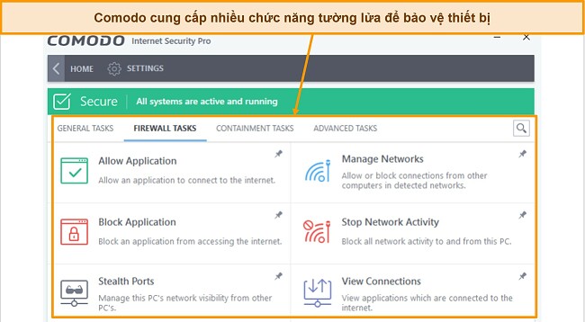 Ảnh chụp m&agrave;n h&igrave;nh tab t&aacute;c vụ tường lửa Comodo