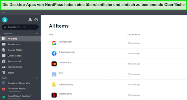 Screenshot der Benutzeroberfl&auml;che der Desktop-App von NordPass