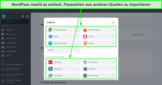 Screenshot der Passw&ouml;rter importieren-Funktion von NordPass