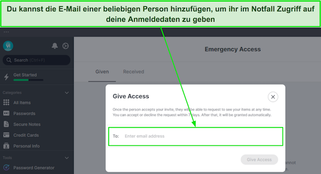 Screenshot, der zeigt, wie man Notfallzugriff mit NordPass gew&auml;hrt