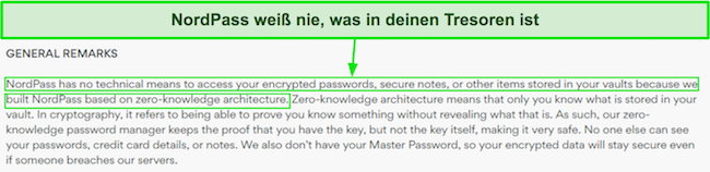 Screenshot der Datenschutzrichtlinie von NordPass, der die No-Knowledge-Architektur hervorhebt