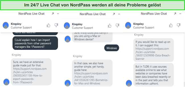 Screenshot eines Gespr&auml;chs mit dem Live-Chat-Support von NordPass