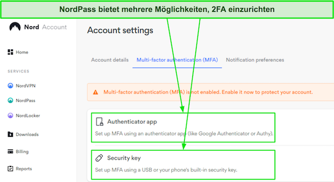 Screenshot der verf&uuml;gbaren Multi-Faktor-Authentifizierungsoptionen von NordPass