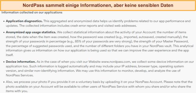 Screenshot mit den Informationen, die NordPass sammelt