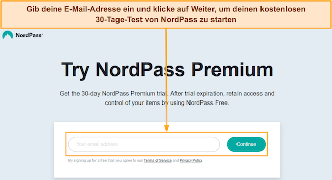 Screenshot, der zeigt, wie man sich f&uuml;r die kostenlose Testversion von NordPass anmeldet