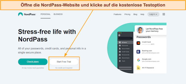 Screenshot, der die kostenlose Testoption auf der Website von NordPass zeigt