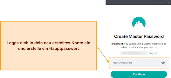 Screenshot von NordPass, der nach dem Erstellen eines Kontos zum Erstellen eines Master-Passworts auffordert